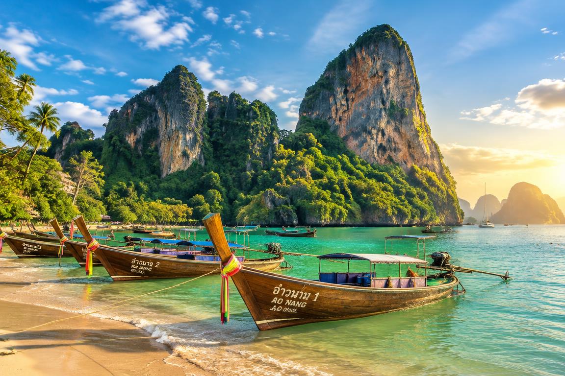 Krabi Limestone Karst Cliffs and Andaman Sea Longtail Boats
