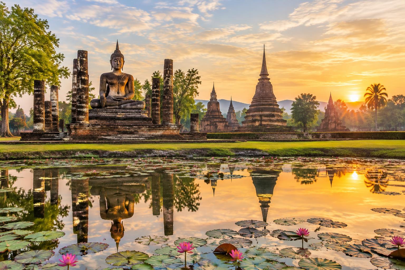 Sukhothai Historical Park UNESCO World Heritage Site Lotus Pond and Ancient Buddha